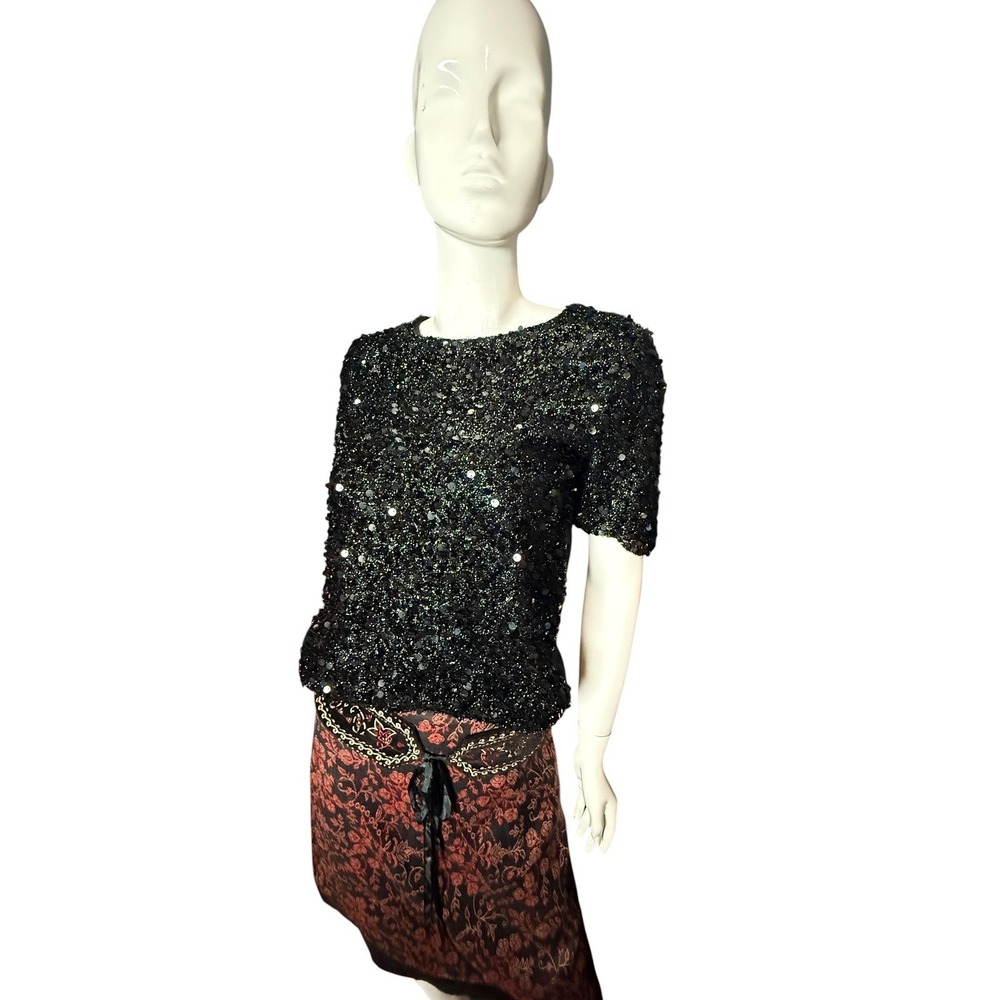 Anna-Kaci Womens Black Sequin Short Sleeve Sheer Mesh Back Top Sparkly Glam M